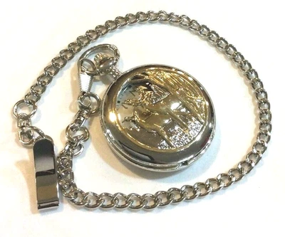 Two-Tone Pocket Watch Deer in the Woods Cover Round Silver Dial Easy to Read New - Image 1 of 4