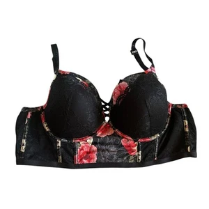 TORRID Curve Black Red Floral Skull Plus Size XO Plunge Push Up Bra Size 48B NWT - Picture 1 of 7
