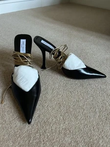 Jimmy Choo x Mugler - Black Leather Pumps Gold Ankle Tie Wrap - Size 4 EU 37 - Picture 1 of 9