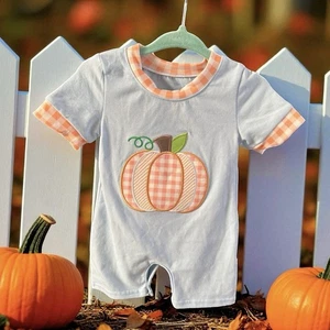 LK NW Boutique Abby & Evie Boys Appliquéd Pumpkin Romper Sz 3M - Picture 1 of 1