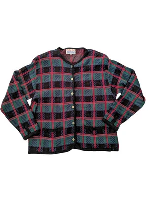 Suéter a Cuadros Tartán Vintage Para Mujer Cárdigan Rojo Botones Plateados XL Por Tally Ho  Foto 1 de 4