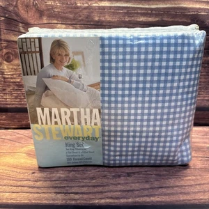 Vintage Martha Stewart Everyday King Sheet Set 180 Thread Blue Plaid NEW - Picture 1 of 7