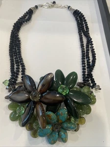 COLLANA SOMS ARGENTO STERLING 3 FILI ONICE TURCHESE FIORE DICHIARAZIONE NUOVA - Foto 1 di 9
