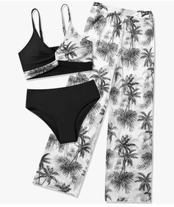 Girls Swimsuit 3 Piece Bikini Bathing Suit Criss Cross Palm Tree sz 11-12 NEW  - Picture 1 of 6