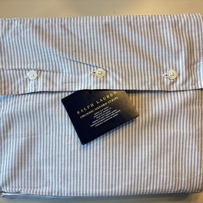 Ralph Lauren RL Organic Oxford Stripe Queen Flat Sheet Blue and White NWT - Image 1 of 4