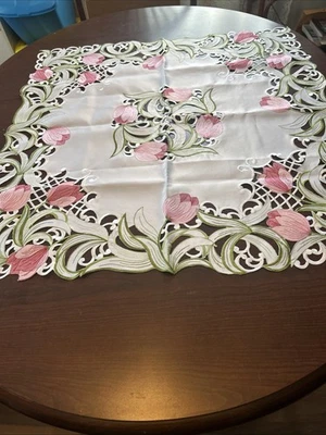 Pink Tulip Embroidered Small Table Cover - Image 1 of 3