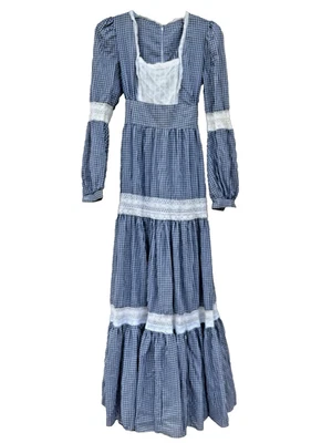 Vintage 1970s Gunne Sax Navy Blue Prairie Gingham & Old Lace Granny Maxi Dress - Image 1 of 4