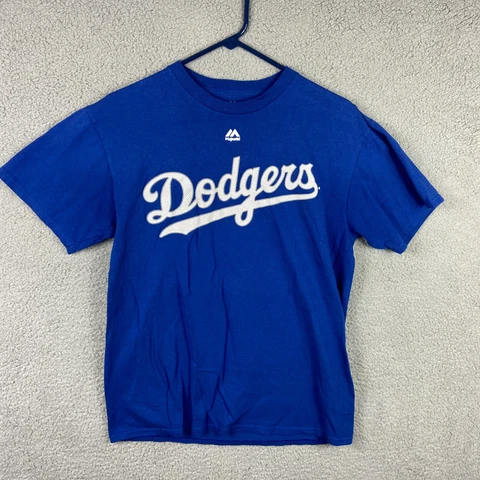 Los Angeles Dodgers Shirt Mens M Blue Manny Machado 8 Majestic Casual Crew Neck Cover
