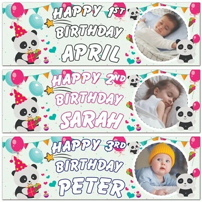 2 Banners de Cumpleaños Personalizados Foto Niños Bebé Niños Panda Oso Animal Fiesta Foto 1 de 2