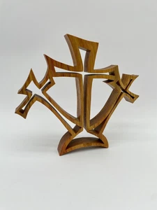 MCM Style Wooden Wall Hanging Stand Three Crosses Hand Crafted Religious Holy - Picture 1 of 9