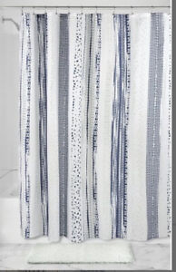 iDesign Geometric Navy Blue & White Batik Stripe water repellent Shower Curtain
