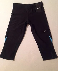 NUEVO CON ETIQUETAS XS MUJER NIKE DRI-FIT REFLECTOR CAPRIS NEGRO AZULADO CORDÓN BOLSILLO CINTURA - Imagen 1 de 5