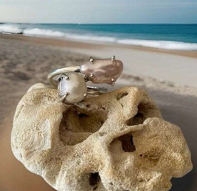 Anillo de perlas y perlas Biwa tamaño 5,5 - Chapado en plata de ley 925 - Totalmente nuevo Foto 1 de 4