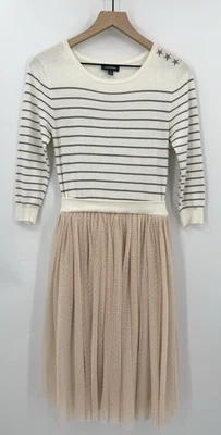 Modcloth Dress Womens Small Beige Striped Sweater Tulle Preppy Holiday - Image 1 of 4