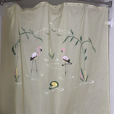 Vtg Yellow Vinyl 1950s Bathroom Shower Window Curtain Set Pink Flamingos 70in - Image 1 of 4