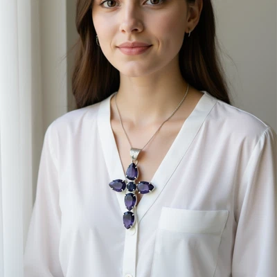 Colgante Cruz Zafiro Púrpura 45-50ct | Collar de 5 Piedras Preciosas en Forma de Pera Cadena Gratis Foto 1 de 4