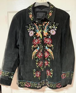 Avanti New York Jacke Damen 1X schwarz Echtleder bestickt Vögel Blumen - Bild 1 von 10