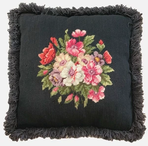 Vtg Square Needlepoint Floral Bouquet Accent Pillow Cottage Core Handmade 17" - Picture 1 of 9