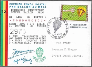 (22) MALI - 1972 BALLOON FLIGHT CARD DEPART TOMBOUCTOU AND SIGNED BY PILOTS - Picture 1 of 2