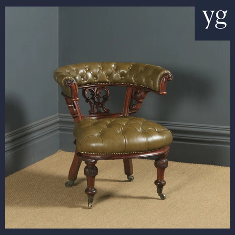 Antique English Victorian Oak & Green Leather Office Desk Arm Chair (Circa 1860) Cover