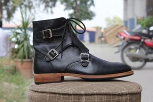 Handmade men Triple monk strap leather boots, Men ankle black leather boot 6-16 - Picture 1 of 9