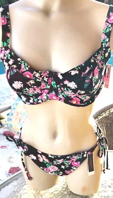 Conjunto de bikini victorias secret 36D L sin forro 🐆 NEGRO FLORAL pushup tanga inferior  Foto 1 de 4