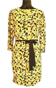 H&M Dress Woman's Yellow White Gray Black 3/4 Sleeve Belted Midi Dress SZ 10 EUC - Picture 1 of 12