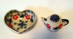 Polish Pottery Boleslawiec Heart Shaped Trinket Dish & Matching Teapot Ornament - Picture 1 of 10