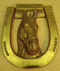Equestrian Horse Head Cast Brass Door Knocker with Horse Shoe Farmhouse Decor - Picture 1 of 7