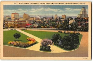 Horizonte de San Diego, desde los terrenos de la escuela secundaria - Postal de lino de estanque de 1931 - Imagen 1 de 2