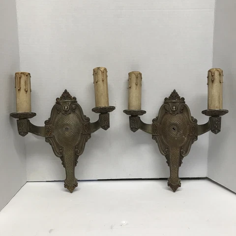 PAIR of Art Deco Sconce Light Fixtures Antique Victorian Double Arm Set Wall Cover