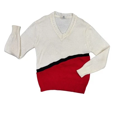 Empire Gene Stuart Sweater Womens M Beige Red Color Block Knit Vintage 80s - Image 1 of 4
