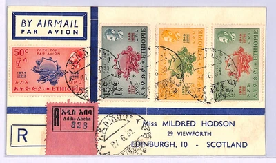 ETHIOPIA Postcard 1950 *UPU* Set Used Addis Ababa Registered Air Edinburgh WF39 - Image 1 of 4