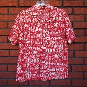 Vintage Hawaiian Shirt Mens M Red Pelele Hawaii Oahu Kauai Maui Palm Tree Button - Picture 1 of 11