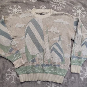 Vintage Crossings Pullover Segelboote Aop Herren Große 90er Baumwolle Pulli Beige  - Bild 1 von 10