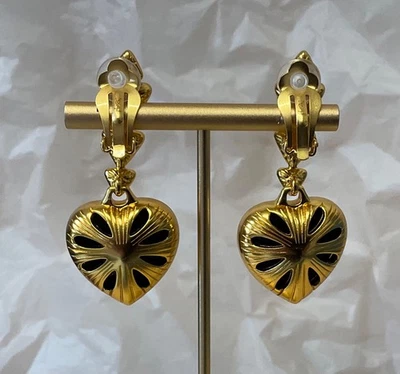Yves Saint Laurent.  Gold plated black crystal heart earrings  # 372 - Image 1 of 4
