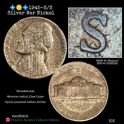 💠🪙💠1945-S/S RPM Silver War Nickel BROADSTRUCK on Planchet SPLIT BEFORE STRIKE - Image 1 of 4