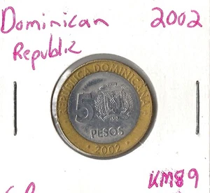 Moneda República Dominicana 5 Pesos 2002 KM89, bimetálica - Imagen 1 de 3
