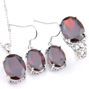 Regalos de Navidad Conjunto de Joyería Ovalado Rojo Granate Plata Pendientes Colgantes Collar Anillo 7 8 9 - Imagen 1 de 14