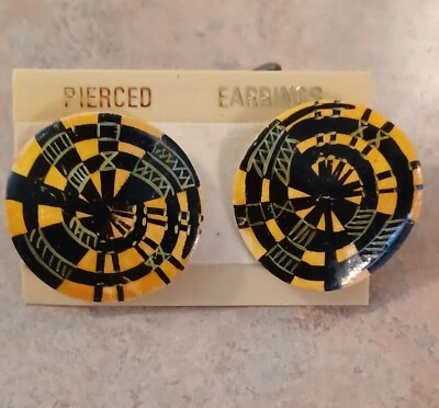 Vintage Made in the Philippines Gold/Black African Tribal Wood Pierced Earrings - Image 1 of 4