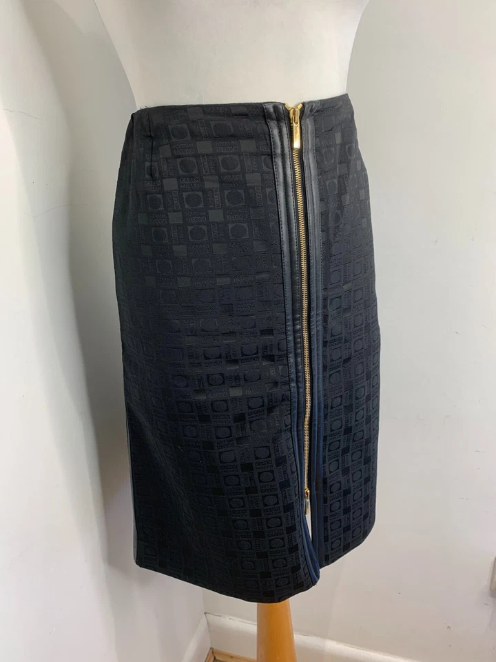 VTG Karen Millen monogram Pencil Skirt UK 12 VGC 90s Y2K gold zips pattern - Image 1 of 4