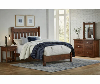 Juego de dormitorio rústico Amish de 4 piezas cabecero de listones espigas madera maciza Queen King Denver Foto 1 de 4