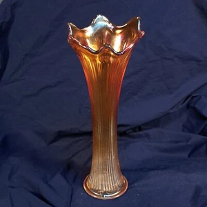 Vintage Marigold 9.75" Glass Swung Vase Ribbed Iridescent Carnival - Picture 1 of 6