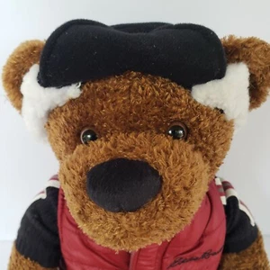2003 Eddie Bauer peluche orso marrone nero cappello bianco gilet rosso bambola giocattolo imbottita 13" - Foto 1 di 7