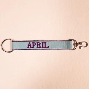 APRIL Embroidered Name Strap Key Ring Keychain with Clasp Lt Blue & Purple - Picture 1 of 9
