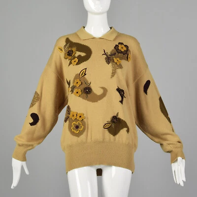 Suéter L Escada Años 80 Tostado Lana Cachemira Gran Tamaño Patrón Floral Cachemira Años 80 De Colección Foto 1 de 4