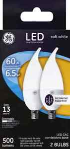 2- GE LED Soft White 6.5 Watt = 60w Candelabra Base 23461 Chandelier Light Bulbs