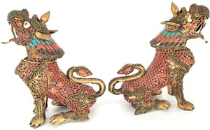 2 Escultura Vintage Fu Perro León Coral Turquesa Incrustación Oro Filagree Foo ZE4-6 - Imagen 1 de 12