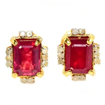 925  STERLING SILVER STUD EARRING GENUINE BLOOD RED OCTAGON CUT RUBY GEMSTONE - Image 1 of 4