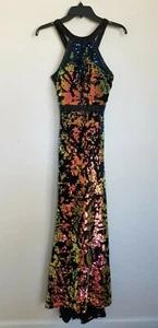 Abito da sera formale Abby Paris maxi paillettes nero arancione perline iridescenti taglia 0 - Foto 1 di 7